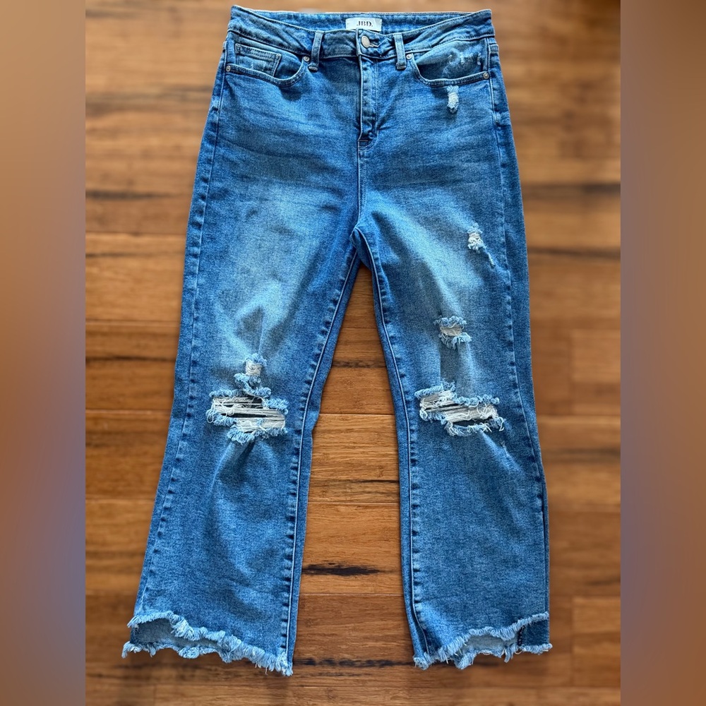 Just black denim distressed flared jeans